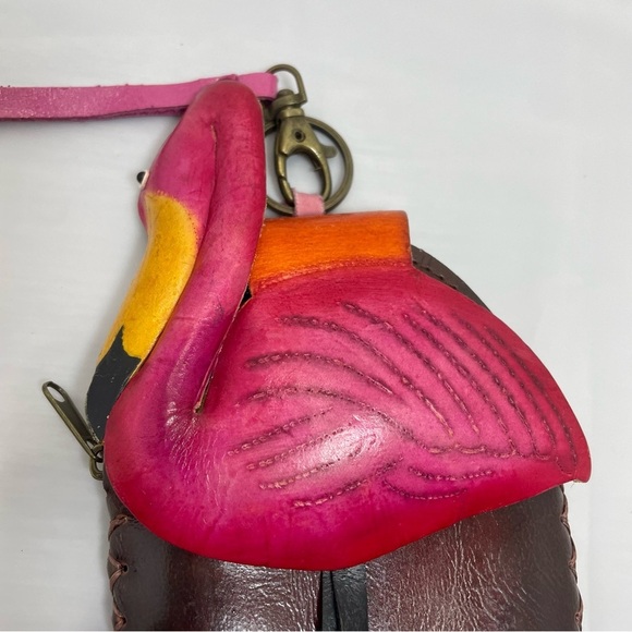 Flamingo Design Leather wristlet Bag. Hand crafted over stitch. Unique. Coins - Picture 2 of 10